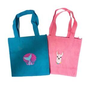 NEW - Set of 2 Mini Canvas Tote Bags - Teal Mermaid & Pink Llama Embroidered